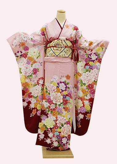 NO.48 ピンク地裾ぼかし 牡丹柄振袖 | 尼崎 振袖 成人式 着物の販売